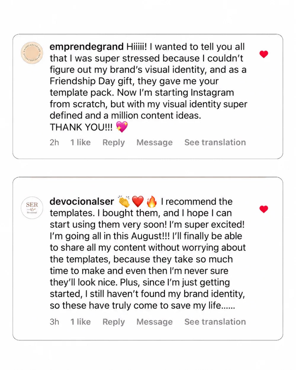 Customer reviews from @emprendegrand and @devocionalser
