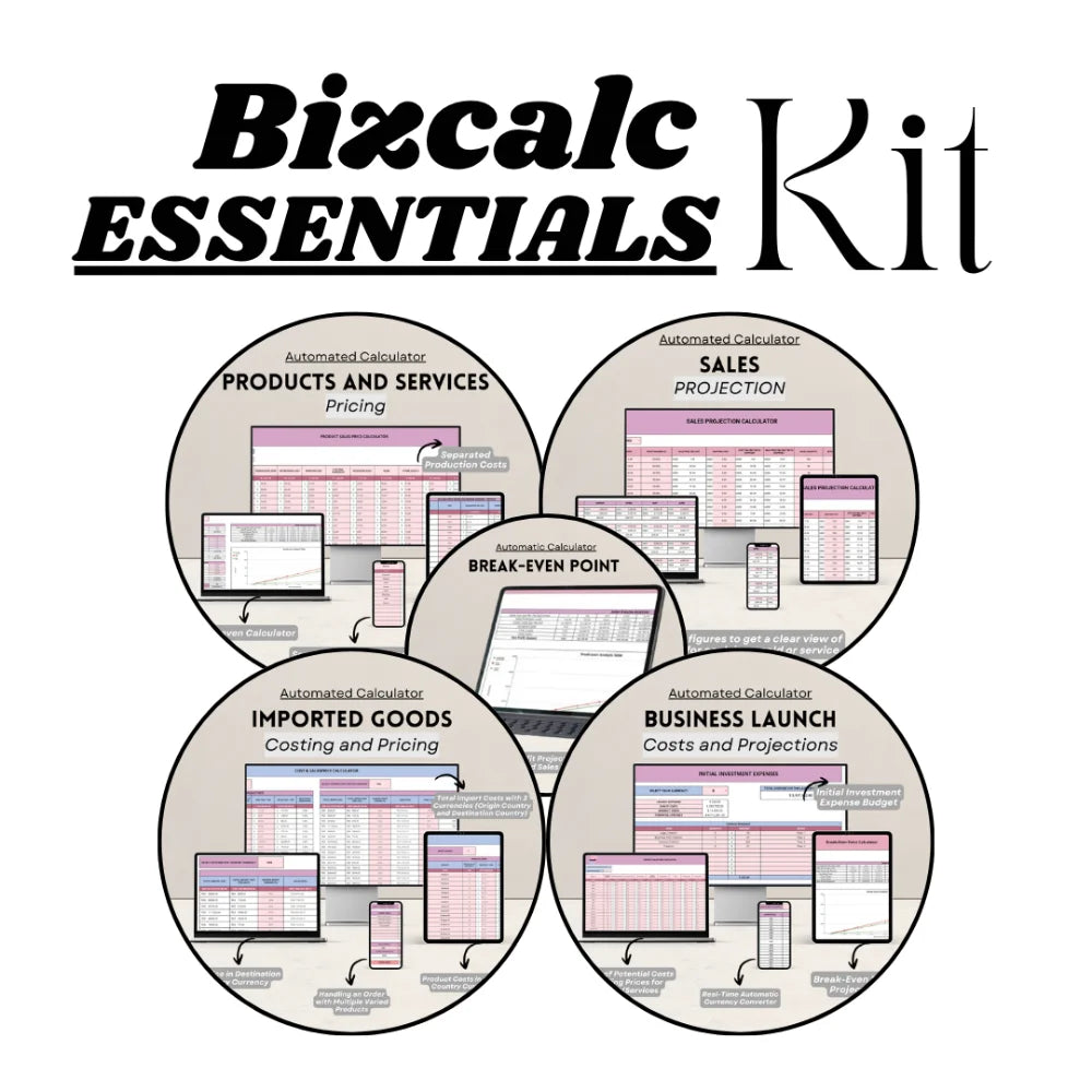 BizCalc Essentials Kit shown on laptop, tablet, and phone