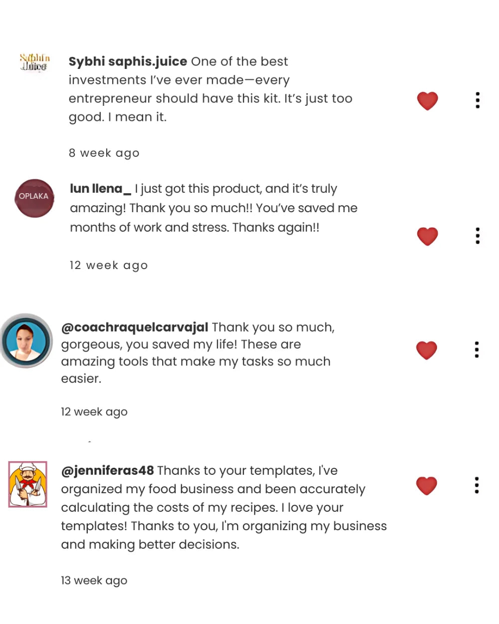 Customer reviews from @saphis.juice, @luna_llena_hoy, @coachraquelcarvajal and @jenniferas48
